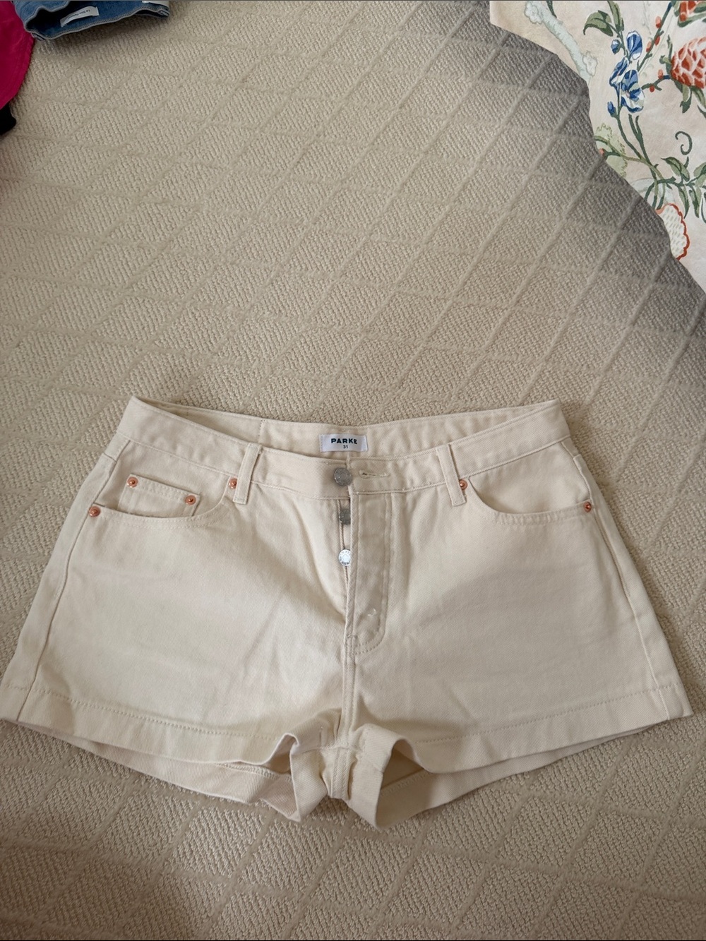 Parke Cream High-Rise Denim Shorts with Button Fly
